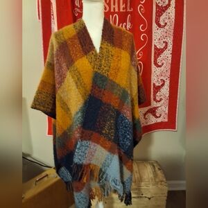 SONOMA Plaid Fringe Poncho in Mustard, Rust & Navy